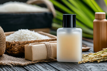 An artisanal setup showcasing rice water shampoo in a frosted glass dispenser, surrounded by steamed rice and rice husks