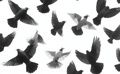 Obraz premium Birds flying as silhouettes on a white backdrop. Modern artwork. Single bird in flight. Idea for a tattoo.