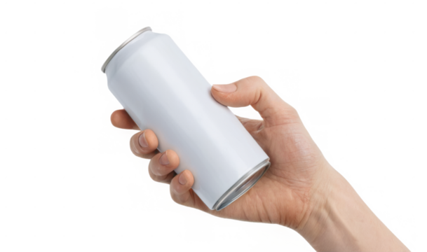 Hand holding white plastic soda can against transparent background in close-up shot with fingers curled around can.