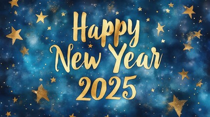 A festive design featuring "Happy New Year 2025" in gold against a blue starry background, celebrating the arrival of the new year.