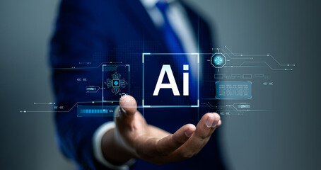 AI artificial intelligence technology, Man using artificial intelligence robot through command prompts for smart solutions and innovations, Digital assistant support and efficient task management.