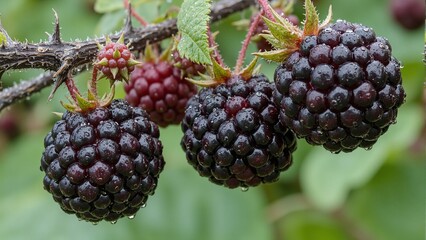 Fresh blackberries with dew on thorny vine