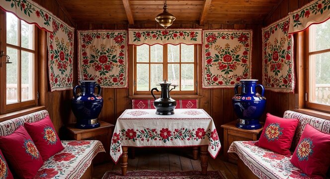 Russian dacha interiors with floral patterns embroidered textiles and samovars