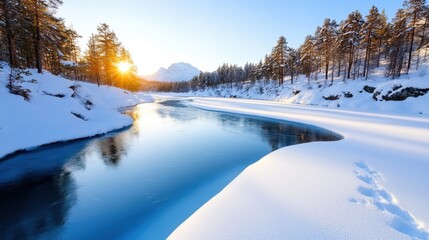 A pristine riverbank covered in snow, with a breathtaking sunrise and trees lining the path, encapsulating the beauty of a winter dawn in the wilderness.