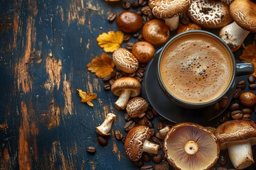 A close-up of a steaming cup of mushroom coffee on a rustic background.