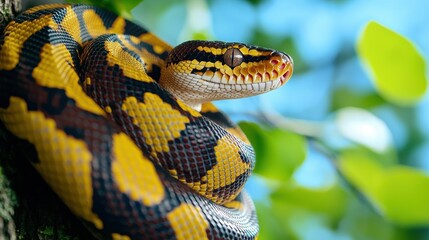 Obraz premium animals reptiles migration Concept. A vibrant snake with yellow and black patterns rests among green leaves, showcasing its striking colors and natural habitat.