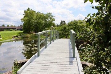 In front of the bridge in the park on a sunny day.