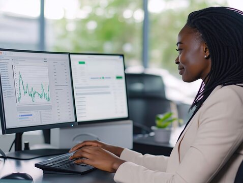African American businesswoman analyzing data on dual monitors