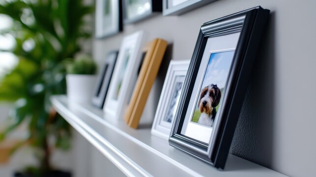 A stylish white photo shelf with multiple frames displays a charming portrait of a pet dog, surrounded by greenery from a nearby house plant, conveying warmth at home.