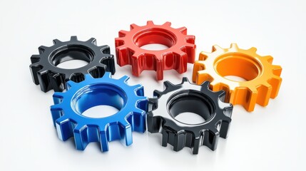 Glossy 3D gears in bold primary colors, forming a playful mechanical design on a white background
