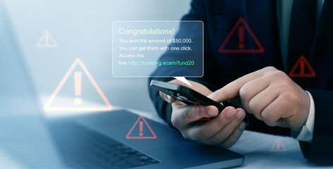 Bank fraud through phone messages.Businessman holding phone with scam message on digital screen....