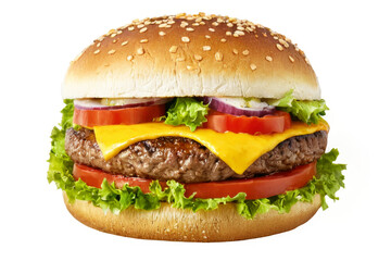 Delicious Cheeseburger with Freshly Cooked Sesame Seed Bun, Beef Patty, Melted Cheese, Lettuce, Tomato, and Onion on Top