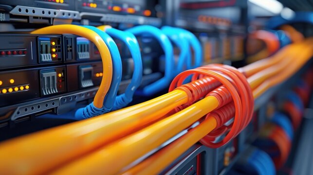 Close up view of a tightly stacked array of server racks telecommunication switches and other digital infrastructure equipment in a busy data center or server room