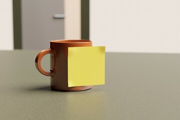 Mock up. Post-it on coffee cup. 3D Render