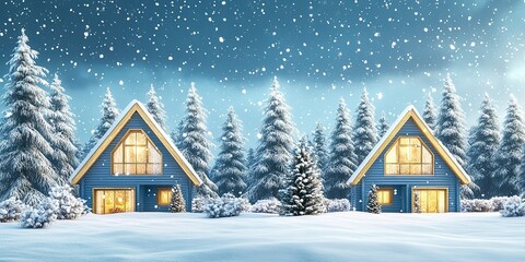 Fototapeta premium luxury light blue and gold elegant triangular pine wood villas in winter with pine forest view and falling soft snowflakes 