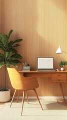 A wooden desk with a laptop and a chair