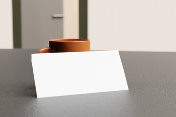 Mock up. Paper sheet next to a cup. 3D Render