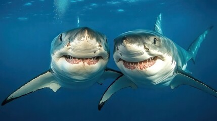 Two Great White Sharks Smiling Underwater