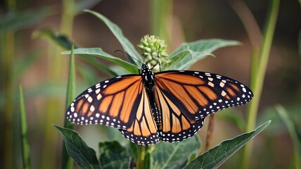 Obraz premium Vibrant Monarch Butterfly Resting Gracefully on a Milkweed Flower