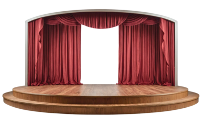 Wooden stage with curtains isolated on transparent background, PNG