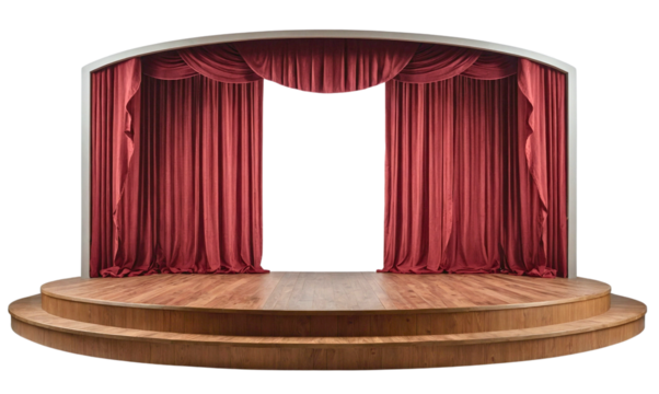 Wooden stage with curtains isolated on transparent background, PNG