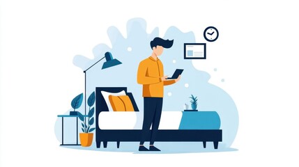 Modern Bedroom Illustration with a Person Using a Tablet Device