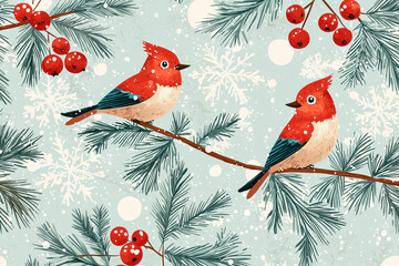 Two vibrant birds perched on a branch, surrounded by winter elements and seasonal foliage.