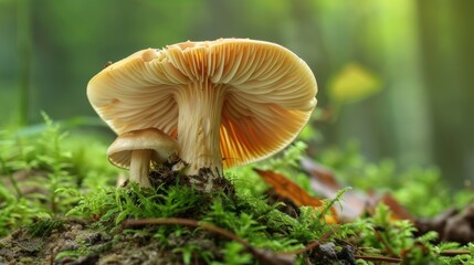 Mushroom presented on a muted background, colorful fungi snapshot. Background still, mushroom vibrant.