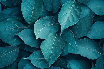 Obraz premium A vibrant display of lush teal leaves, presenting a rich texture and intricate veining. Perfect for nature-themed projects or backgrounds.