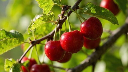 Obraz premium Vibrant red cherries glistening in sunlight against lush green leaves