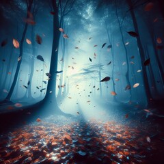 A scene of falling leaves captured in motion enhanced with a lum