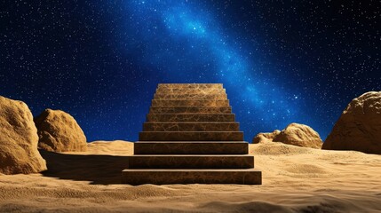 Mysterious Staircase Under the Starry Night Sky in the Desert Landscape