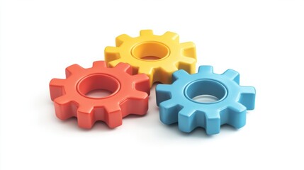 Interlocked colorful cartoon-style 3D gears in a cheerful pattern, isolated on white