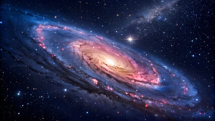 Fototapeta premium A Spiral Galaxy's Radiant Dance Across the Cosmos, This stunning image captures the vast and mesmerizing beauty of a spiral galaxy set against a cosmic backdrop, with vibrant hues of pink, blue