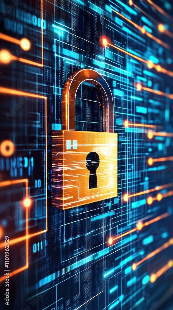 Poster a computer screen with a keypad and a lock