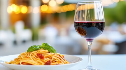 A plate of spaghetti with basil leaves and a glass of red wine in a softly lit setting, creating a pleasant, inviting dinner atmosphere with a touch of class.