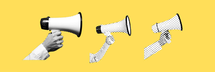 Collection of loudspeakers with halftone effects for collage in retro pop art style. A set of monochrome megaphones, hand cut from a newspaper or magazine. Vector illustration © ayb