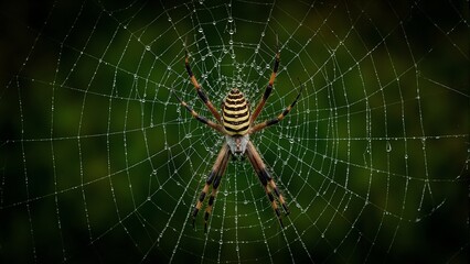 Golden orb weaver spider in intricate dew covered web glistening under light