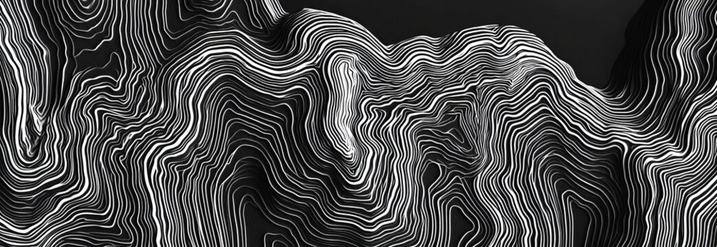 A black and white 3D rendering illustration showcasing a steel pattern, using a Damascus knife as the backdrop, ideal for a website banner or fabric design, with smooth lines and a tribal and