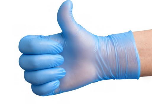 Blue Latex Glove Hand Gesturing Thumbs Up Against transparent background