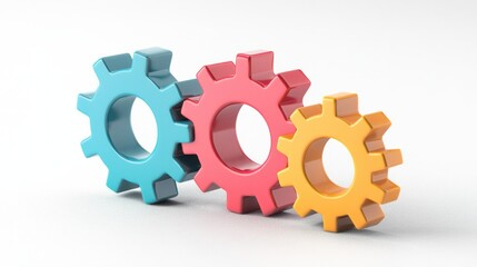 Interlocking cartoon-style 3D gears in cheerful colors, symbolizing creativity on white