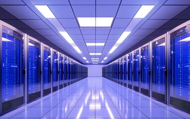 Fototapeta premium A modern data center with rows of servers and blue lighting, designed for data storage and processing.