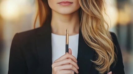 Obraz premium Businesswoman holding a pen, looking at graphs labeled Risk and Investment Impact
