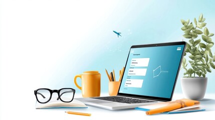 Fototapeta premium Laptop computer with office stationery and potted plant on a clean minimal desk setup Concept of modern productive workspace and digital technology for business education or freelance work