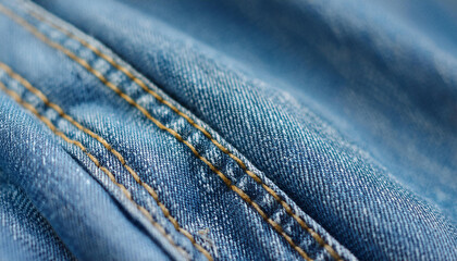 Naklejka premium Blue denim fabric with stitched edge. Jeans material.
