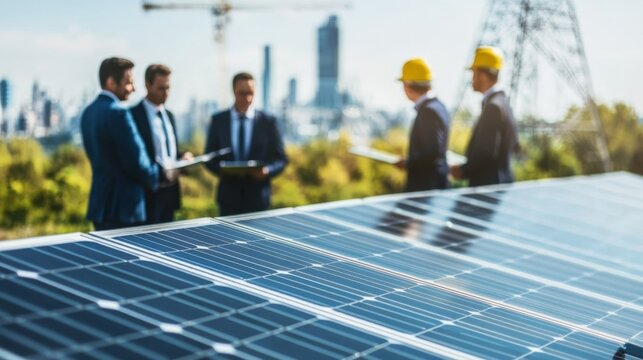 Business Professionals Discuss Solar Technology in Urban Landscape