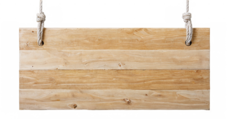 Rectangular weathered wooden sign hanging with white ropes on a transparent background - textured light-colored wood surface.