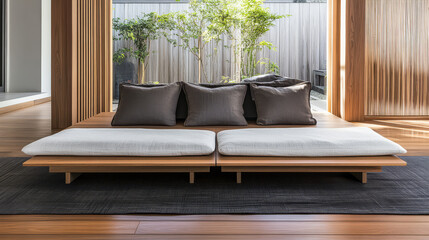 Modern minimalist sofa placement in a well-lit indoor space with greenery