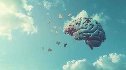 A human brain, formed by puzzle pieces, floats in the blue sky with clouds. Some pieces are missing or drifting away, symbolizing mental health, memory, and cognitive challenges in a striking