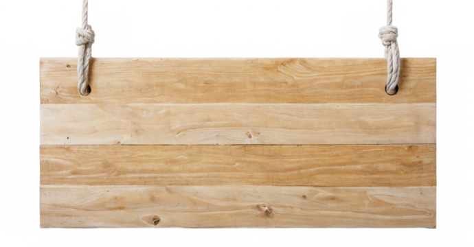 Rectangular weathered wooden sign hanging with white ropes on a transparent background - textured light-colored wood surface.